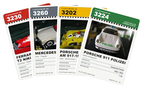 Vier Fleischmann Auto Rallye Sammelkarten im Fächer: Ferrari 312 T2, Mercedes 250 SL, Porsche 917-10 Can-Am und Porsche 911 Polizei